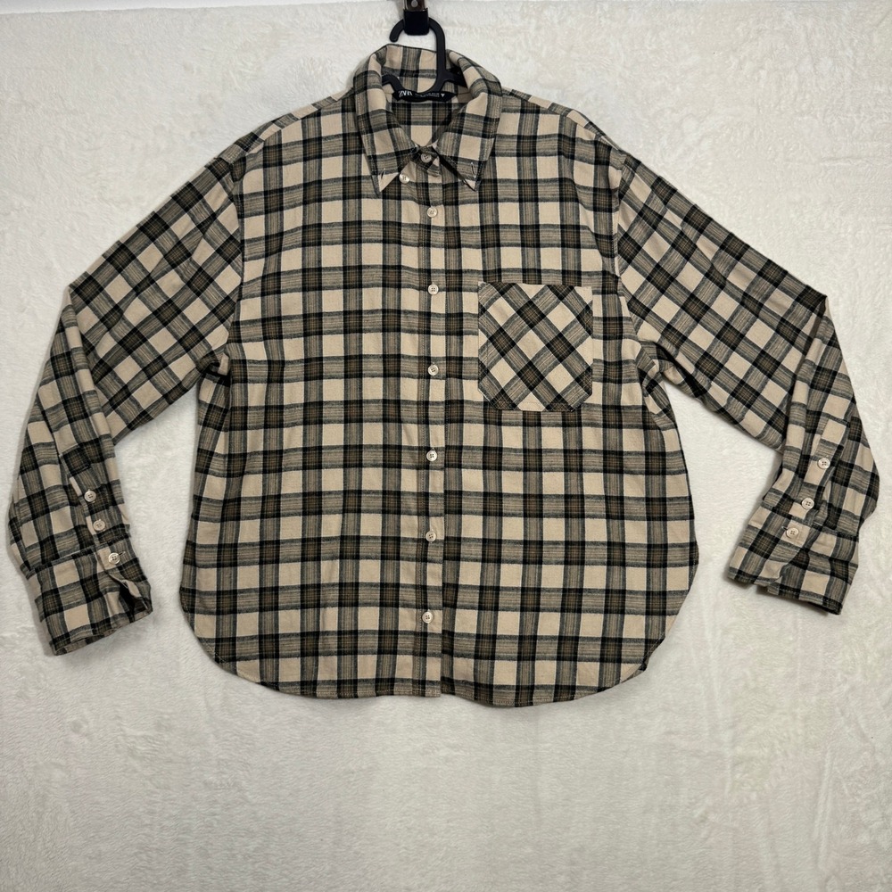 Zara Button Down Shirt Womens XS Beige Plaid Check Flannel Style Cotton